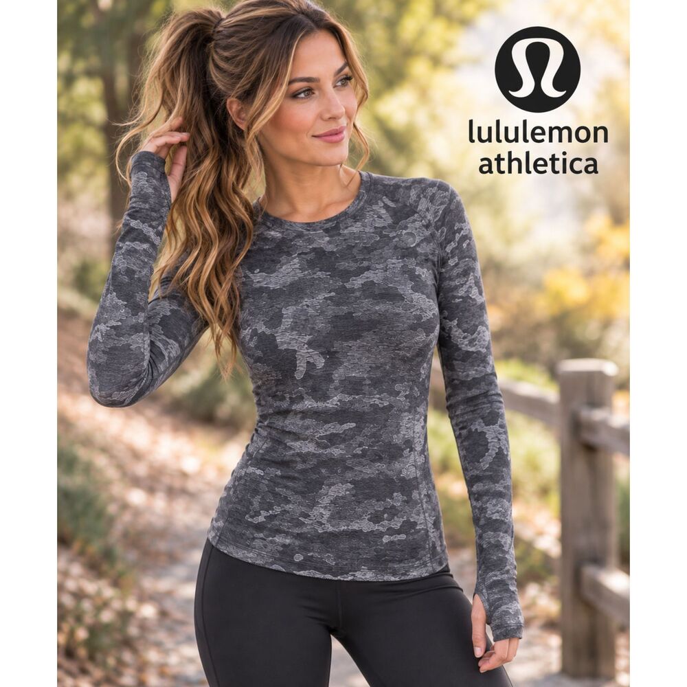 Lululemon Women’s 6 Gray Black Camo Long Sleeve Running Top Thumbholes Zip Pocke